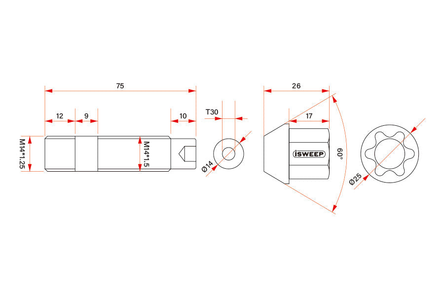 iSWEEP Gr5 Forged Titanium Wheel Stud Bolt Kit M14x1.25P