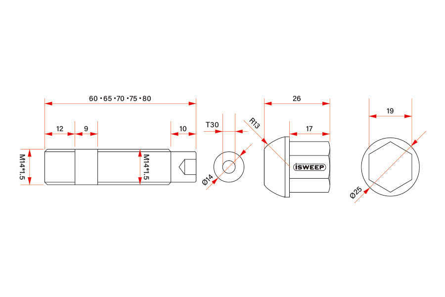 iSWEEP Gr5 Forged Titanium Wheel Stud Bolt Kit M14x1.5P